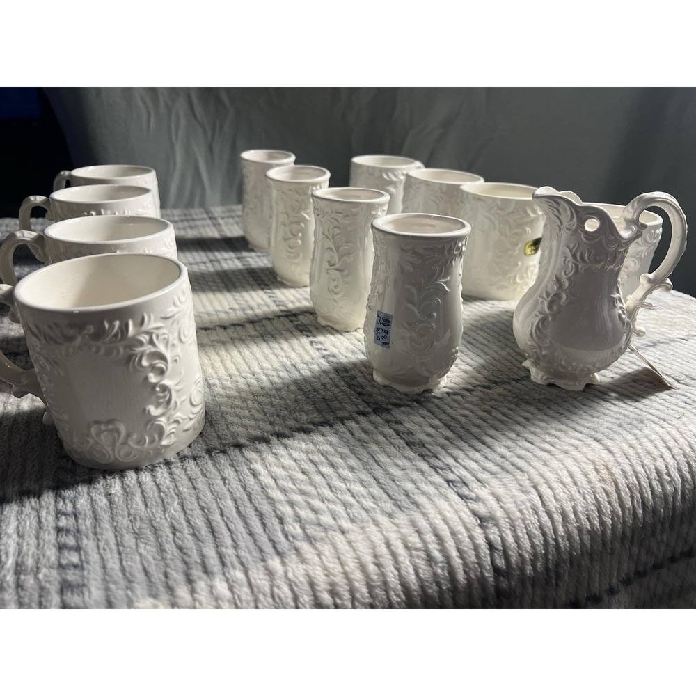 Vintage 1960s Napcoware Provincial White Embossed Coffee Mug Goblet Pitcher 13Pc